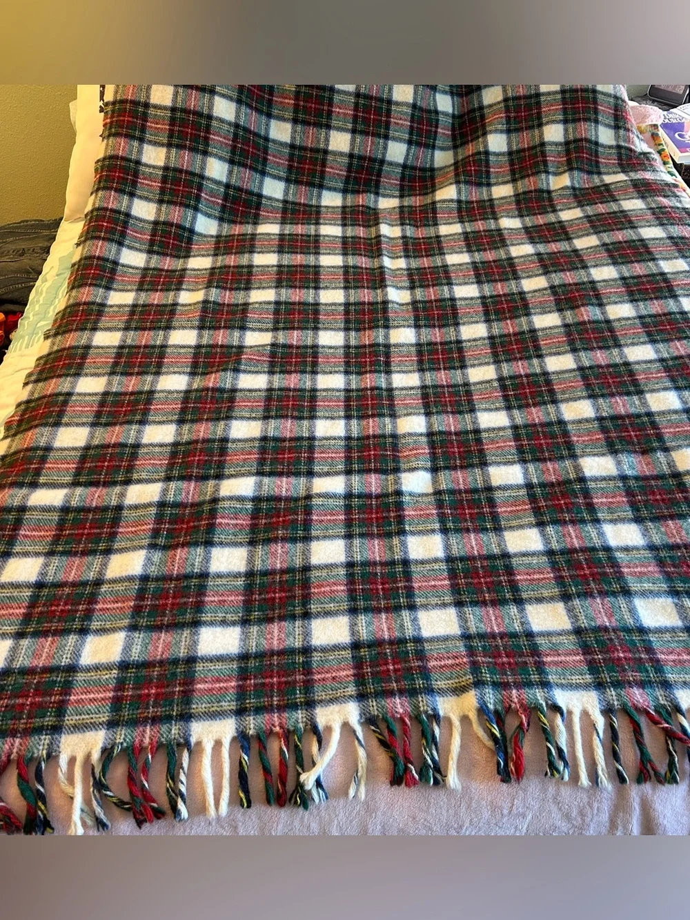 Vintage Coming Home Land’s End wool red and white tartan plaid throw with fringe
